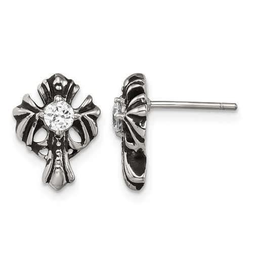 Chisel Stainless Steel Antiqued and Polished with Cubic Zirconia Cross Stud Earrings, 8 mm