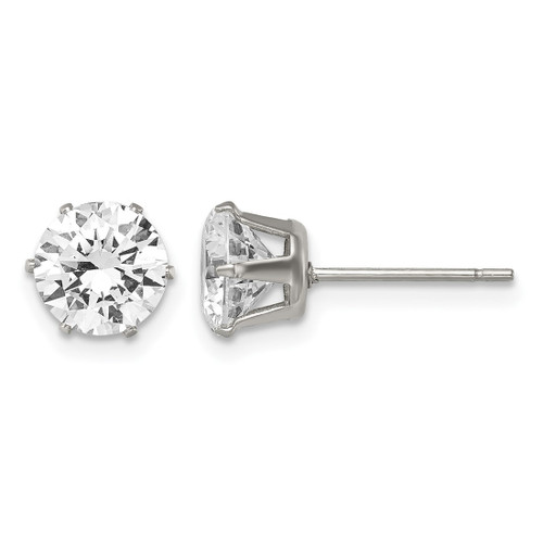 Chisel Stainless Steel Polished 7 mm Round Cubic Zirconia Stud Stud Earrings, 8 mm Long