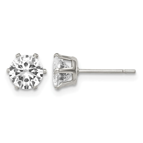 Chisel Stainless Steel Polished 6 mm Round Cubic Zirconia Stud Stud Earrings, 7 mm Long