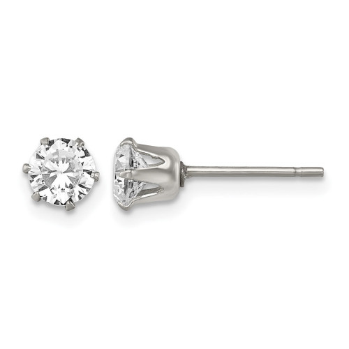 Chisel Stainless Steel Polished 5 mm Round Cubic Zirconia Stud Stud Earrings, 6 mm Long