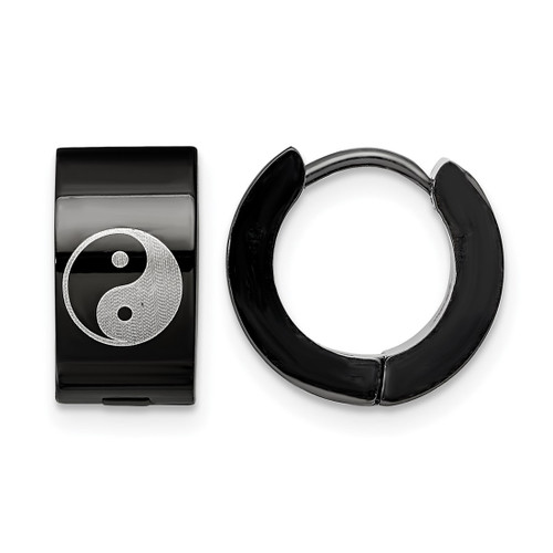 Chisel Stainless Steel Polished Black Ion-Plated 7 mm Hinged Hoop with Yin Yang Earrings, 12 mm Long