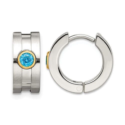 Chisel Stainless Steel Brushed and Polished Yellow Ion-Plated with Blue Cubic Zirconia Hinged Hoop Earrings, 10 mm