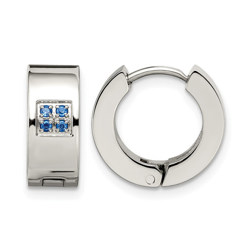 Chisel Stainless Steel Brushed and Polished with Blue Cubic Zirconia 6 mm Hinged Hoop Earrings, 9 mm Long
