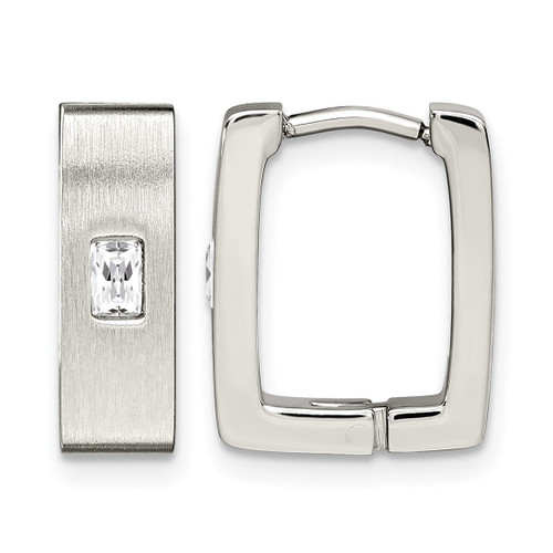 Chisel Stainless Steel Brushed and Polished with Cubic Zirconia 5 mm Square Hinged Hoop Earrings, 8 mm Long