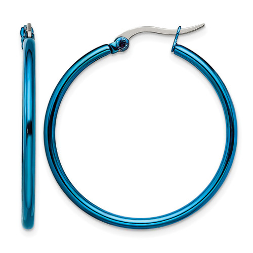 Chisel Stainless Steel Polished Blue Ion-Plated 32 mm Diameter 2 mm Hoop Earrings, 29 mm Long
