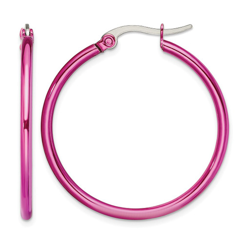 Chisel Stainless Steel Polished Pink Ion-Plated 32 mm Diameter 2 mm Hoop Earrings, 29 mm Long
