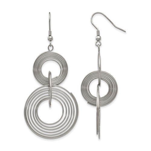 Chisel Stainless Steel Polished Multiple Circle Dangle Shepherd Hook Drop French Wire Earrings, 65 mm