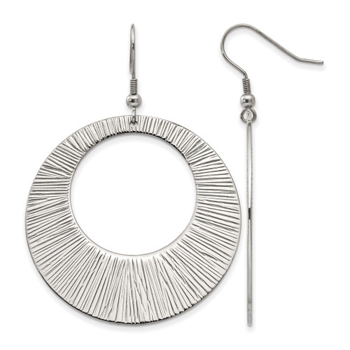 Chisel Stainless Steel Polished and Textured Circle Dangle Shepherd Hook Drop French Wire Earrings, 60 mm