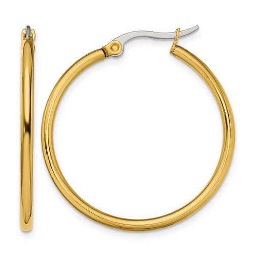 Chisel Stainless Steel Polished Yellow Ion-Plated 32 mm Diameter 2 mm Hoop Earrings