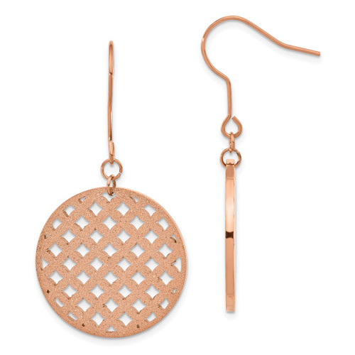 Stainless Steel Rose Ion-Plated Laser-Cut Circle Dangle French Wire Earrings, 48.25 mm