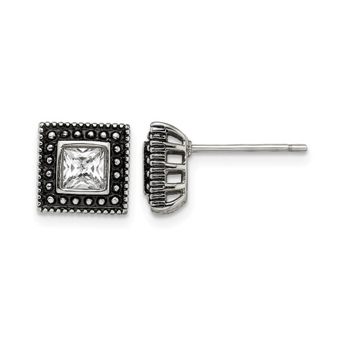 Chisel Stainless Steel Antiqued and Polished Cubic Zirconia Square Stud Earrings, 9 mm