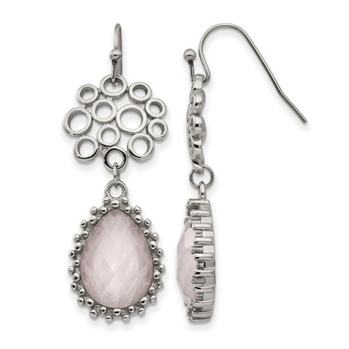 Stainless Steel Polished Rose Quartz Dangle Shepherd Hook Drop French Wire Earrings