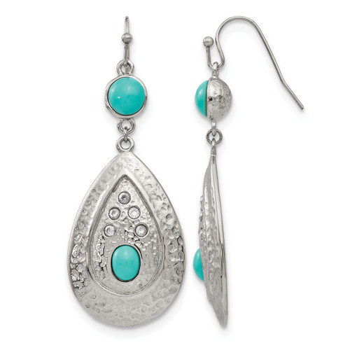 Chisel Stainless Steel Polished Hammered with Simulated Turquoise and Cubic Zirconia Dangle Shepherd Hook Drop French Wire Earrings