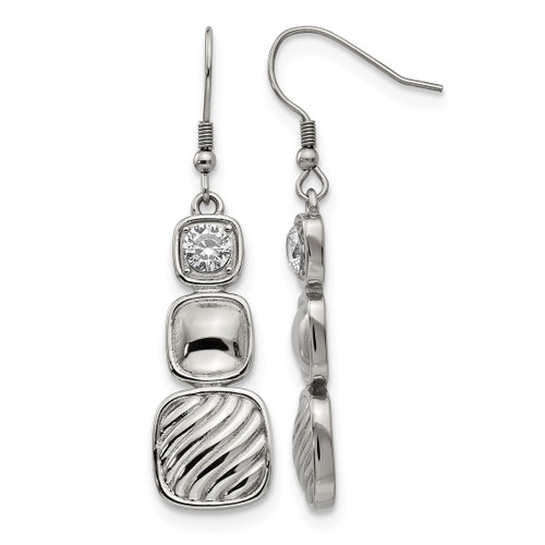 Stainless Steel Polished Cubic Zirconia Square Shepherd Hook Drop French Wire Earrings