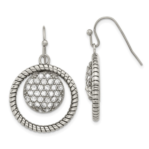 Stainless Steel Polished & Antiqued Cubic Zirconia Circle Dangle French Wire Earrings, 35.75 mm