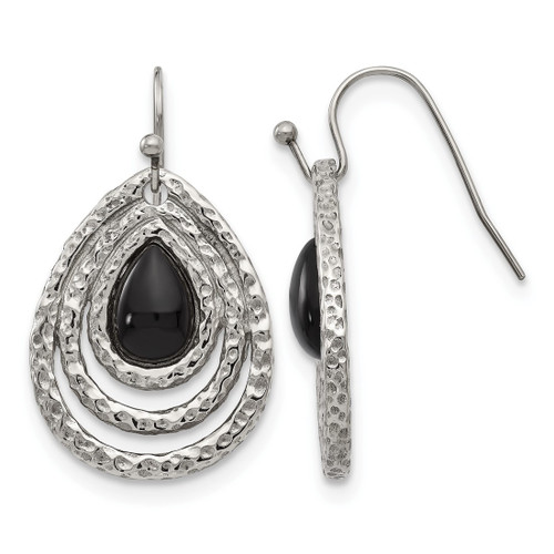 Chisel Stainless Steel Polished and Textured Black Onyx Shepherd Hook Drop French Wire Earrings