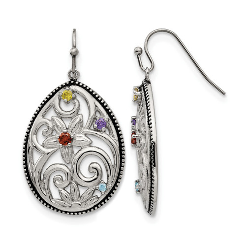Chisel Stainless Steel Antiqued and Polished with Multicolor Cubic Zirconia Dangle Shepherd Hook Drop French Wire Earrings