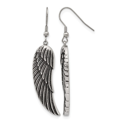Chisel Stainless Steel Antiqued and Polished Wing Dangle Shepherd Hook Drop French Wire Earrings