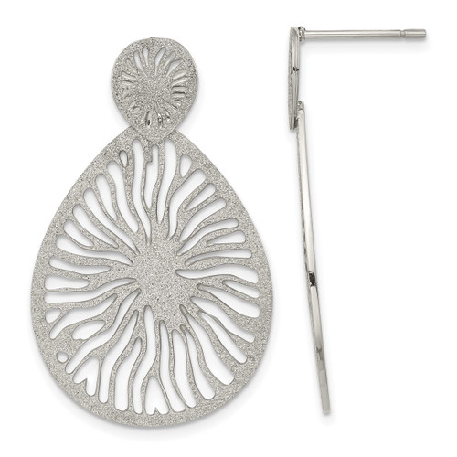 Stainless Steel Polished Laser Cut Starburst Teardrop Post Dangle Earrings, 37.3 mm