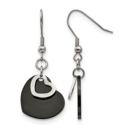 Chisel Stainless Steel Polished Black Ion-Plated Heart Dangle French Wire Earrings