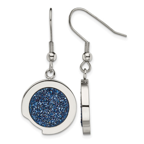 Stainless Steel Polished with Blue Druzy Dangle Shepherd Hook Drop French Wire Earrings, 42 mm