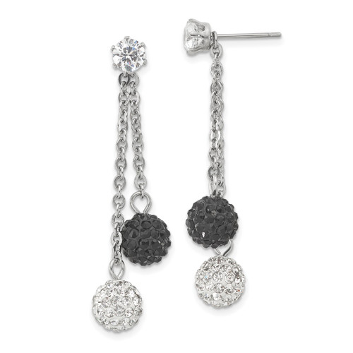 Stainless Steel Polished Black and White Crystal Post Dangle Earrings, 45 mm