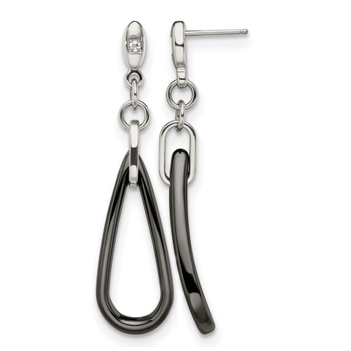 Chisel Stainless Steel Polished with Black Ceramic and Cubic Zirconia Dangle Earrings, 35 mm