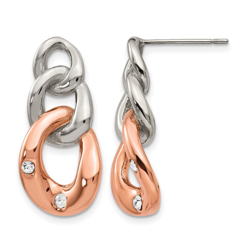 Chisel Stainless Steel Polished Rose Ion-Plated Loop with Crystal Post Dangle Earrings