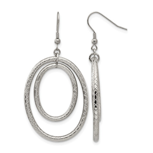 Stainless Steel Polished and Textured Double Oval Dangle French Wire Earrings