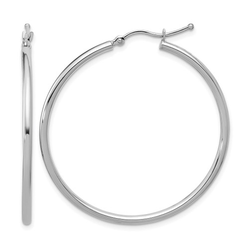 Rhodium-Plated 10K White Gold Hollow Polished Hinged Hoop Earrings, 40 mm