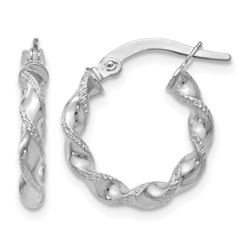 Rhodium-Plated 10K White Gold Hollow Textured Twisted Hinged Hoop Earrings, 16 mm