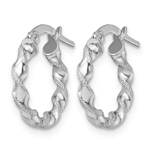 Rhodium-Plated 10K White Gold Hollow Textured Twisted Hinged Hoop Earrings, 16 mm - View 2