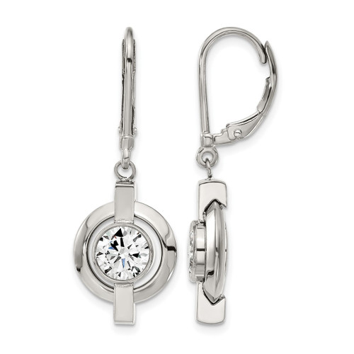 Chisel Titanium Polished Cubic Zirconia Leverback Drop Earrings, 35 mm