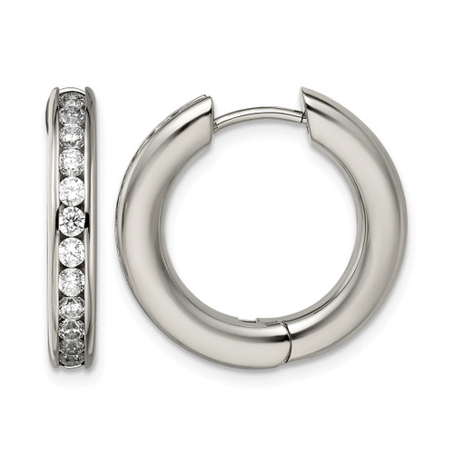 Chisel Titanium Polished Cubic Zirconia Hinged Hoop Earrings, 20 mm