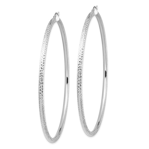 Rhodium-Plated 14K White Gold 3 x 80 mm Lightweight Diamond-Cut Tube Hoop Earrings - View 2