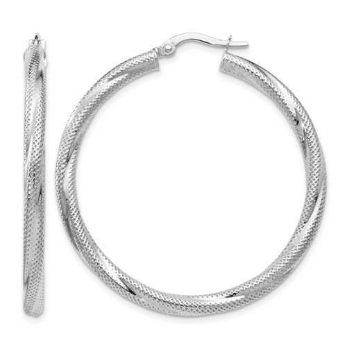 Rhodium-Plated 10K White Gold Twisted Hinged Hoop Earrings, 40 mm