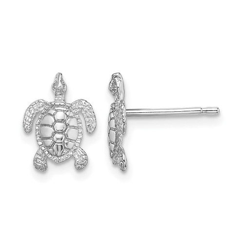 Rhodium-Plated 14K White Gold Polished and Textured Sea Turtle Stud Earrings, 11.4 mm
