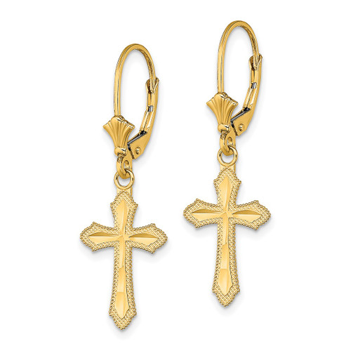 14K Yellow Gold Diamond-Cut Beaded Edge Cross Dangle Leverback Drop Earrings, 35.1 mm - View 2
