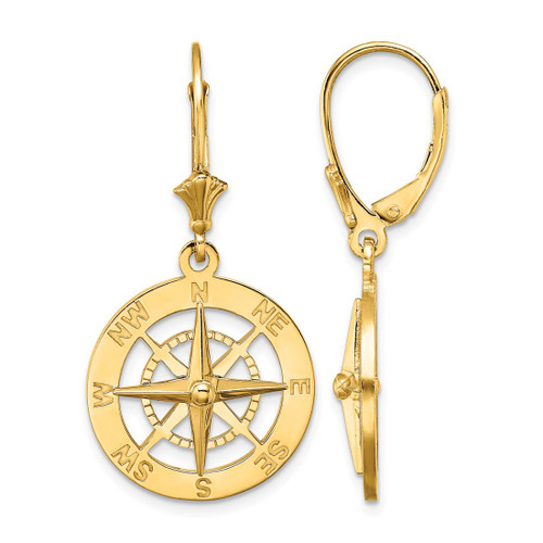 14K Yellow Gold Nautical Compass Dangle Leverback Drop Earrings, 34.3 mm