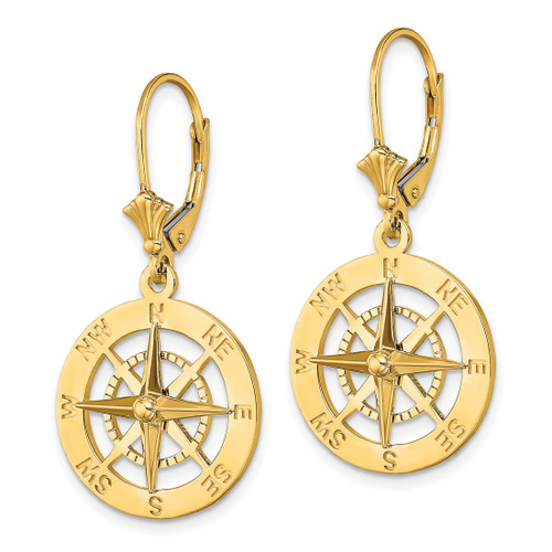 14K Yellow Gold Nautical Compass Dangle Leverback Drop Earrings, 34.3 mm - View 2