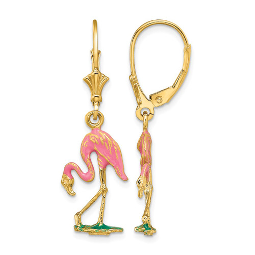 14K Yellow Gold Pink Enamel 3-D Flamingo Dangle Leverback Drop Earrings, 35.55 mm