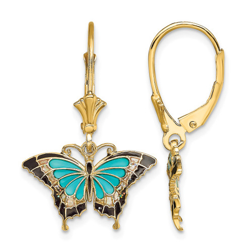 14K Yellow Gold with Aqua and Black Enameled Wings Butterfly Dangle Leverback Drop Earrings, 26.45 mm