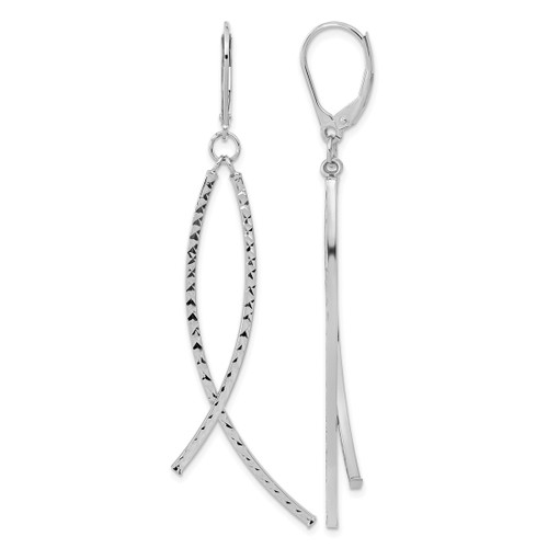 Rhodium-Plated 14K White Gold Polished Diamond-Cut Curved Bars Dangle Leverback Drop Earrings, 69.3 mm