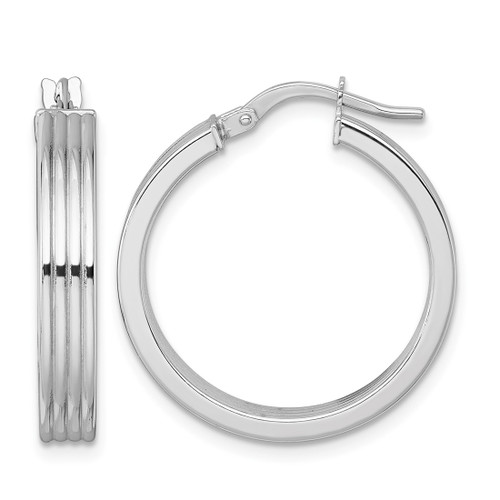 Rhodium-Plated 14K White Gold Hollow Polished and Grooved 4.00 x 24 mm Tube Hoop Earrings