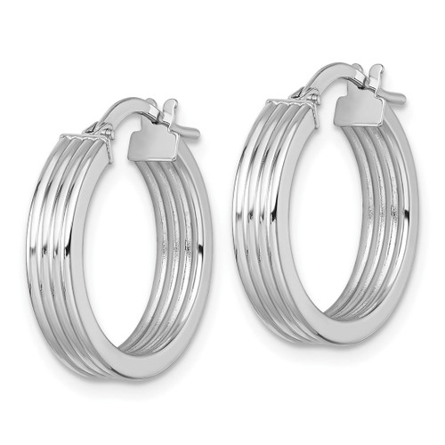 Rhodium-Plated 14K White Gold Hollow Polished and Grooved 4.00 x 18 mm Tube Hoop Earrings, 20 mm Long - View 2