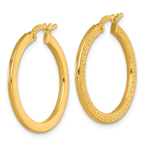 14K Yellow Gold Polished 1.5 x 24 mm Textured Greek Key Hoop Earrings - View 2