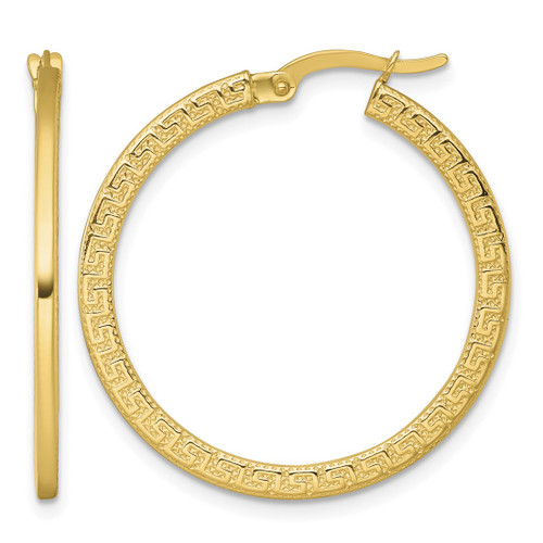 14K Yellow Gold Polished 1.5 x 30 mm Textured Greek Key Hoop Earrings