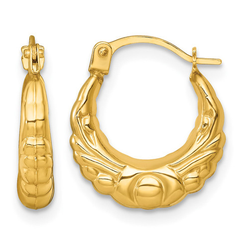 14K Yellow Gold Hollow Polished Fancy Scalloped Hollow Hoop Earrings, 15 mm