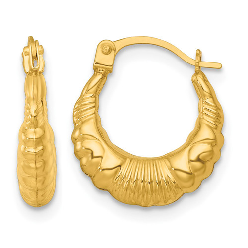 14K Yellow Gold Hollow Polished Fancy Scalloped Hollow Hoop Earrings, 15.3 mm