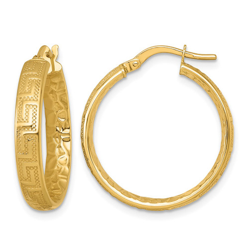 14K Yellow Gold Polished Greek Key Design Textured 4.00 x 24 mm Tube Hoop Earrings